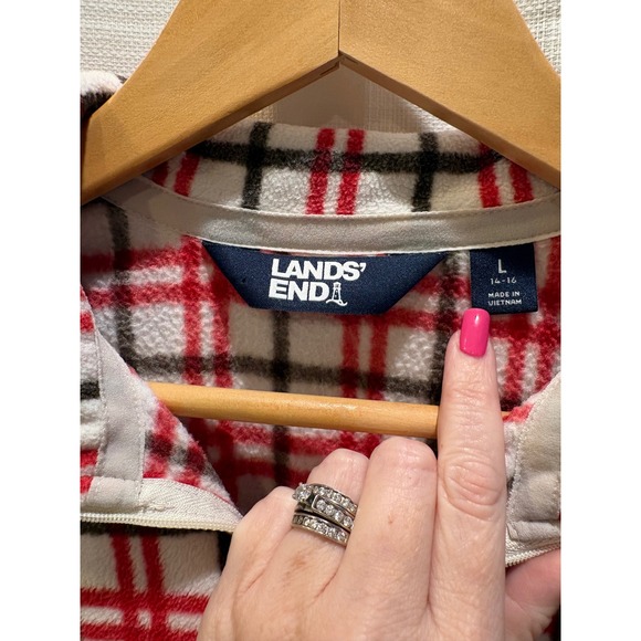 Lands End Red Plaid Fleece Quarter Zip Pullover Sweater Womens Large 14-16 - Picture 3 of 8